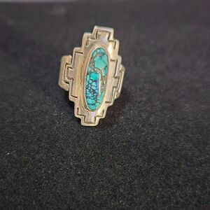 Navajo Ring Sterling Silver with Natural Kingman Turquoise Marked DALV
